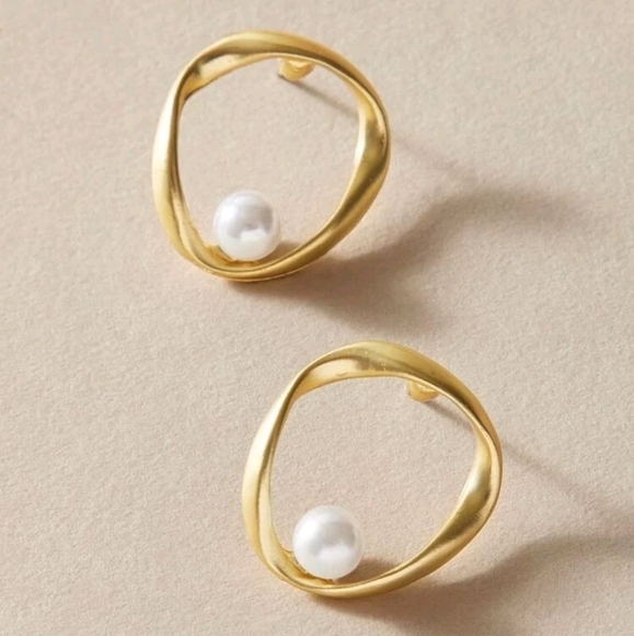 Gold hoop Pearl stud earrings abstract minimalist dainty cocktail party 💖2/$30 - Picture 5 of 11